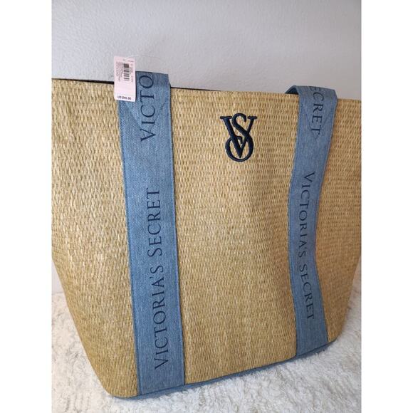 VICTORIA'S SECRET ~ New! NWT ~ Lage Straw Raffia Weekender Beach Tote w/ Denim - Picture 4 of 8